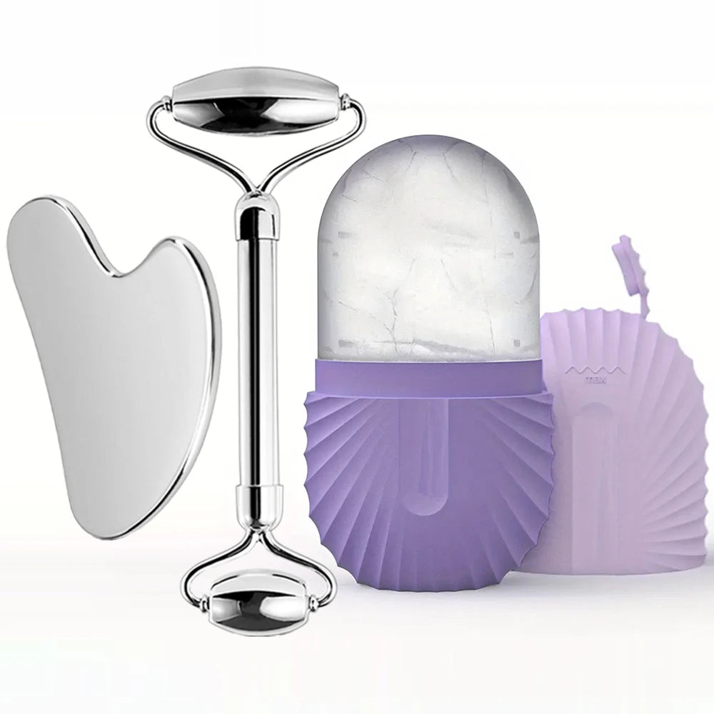 Ice Face Roller Facial Skincare Ice Roller Set, Stainless Steel Facial Roller Gua Sha Face Tool Face Massage Roller Mold Cube